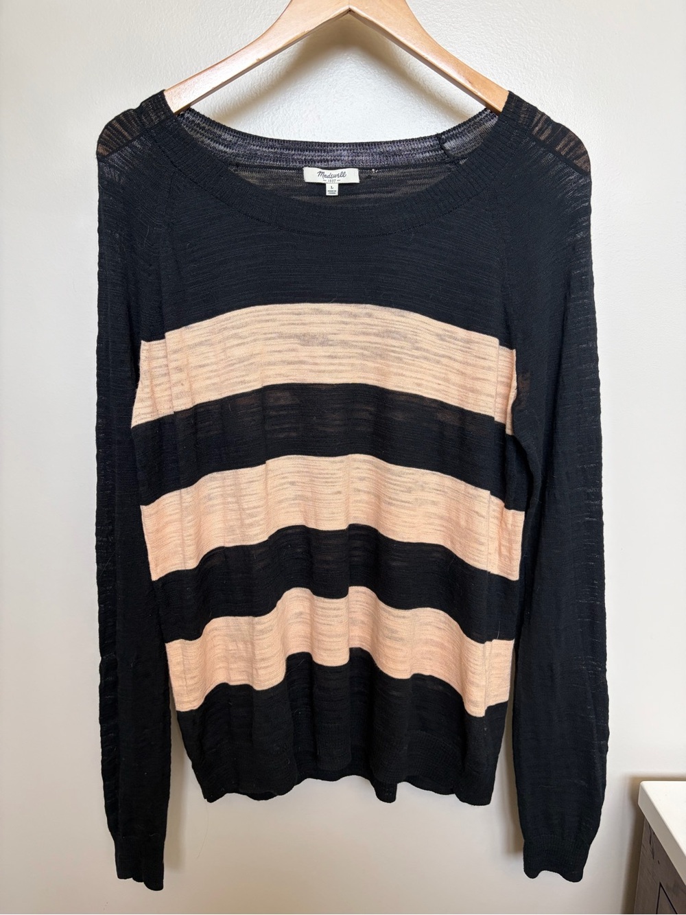 Madewell Black and Beige Striped Scoop Neck Sweater